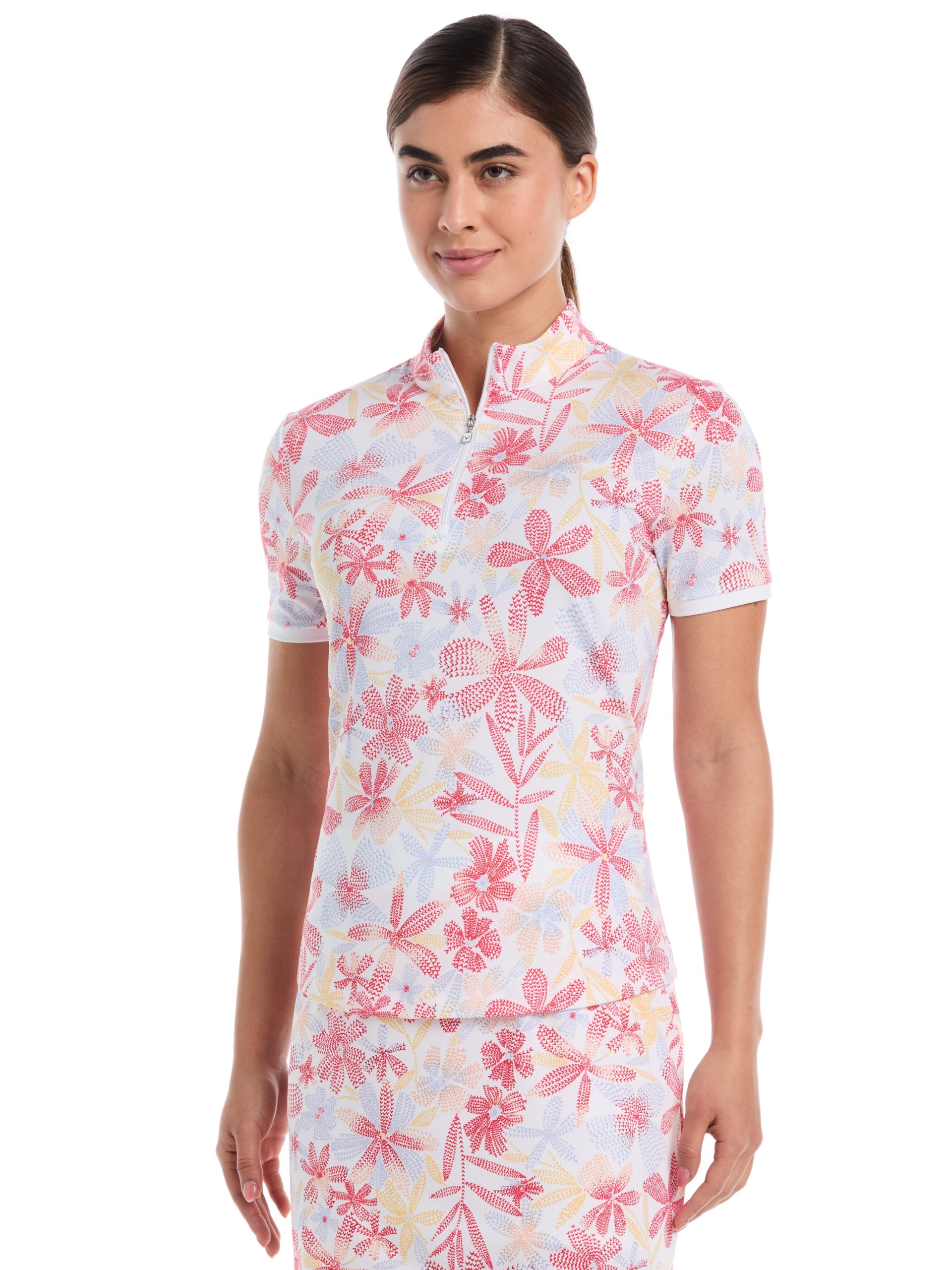 Womens Abstract Floral Print Zip Golf Polo