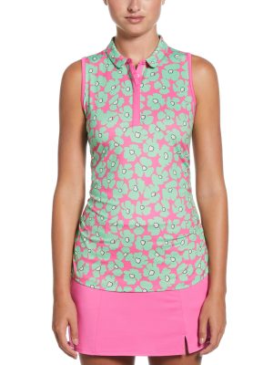 Womens Floral Sleeveless Golf Shirt with Mini Collar and Side Shirring