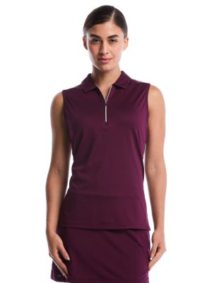 Womens Quarter Zip Solid Sleeveless Golf Polo