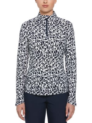Womens Two-Tone Geometric Print Golf Shirt
